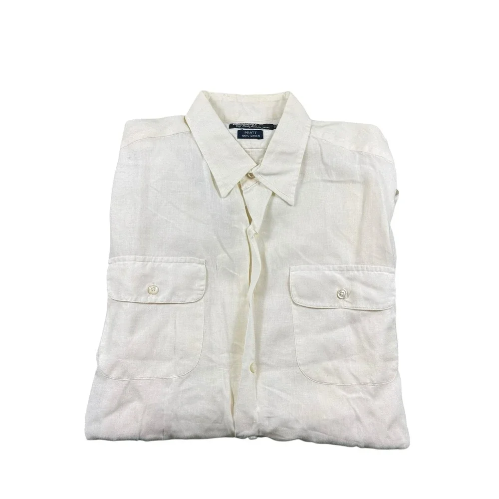 Polo Ralph Lauren VTG Pratt White Pure Linen S/S Dual Pocket Button Front Size L